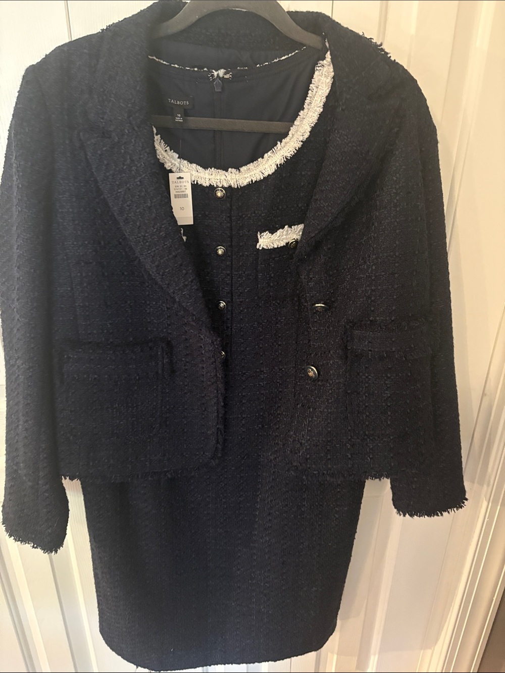 Talbots Navy Tweed Jacket and sleeveless dress with White Fringe Trim. Size 10.